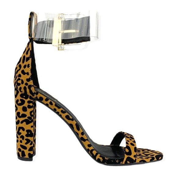 Qupid Women's Animal Print Ankle Strap Block Heels Sandals Brown/Black Size 8 - Picture 2 of 8